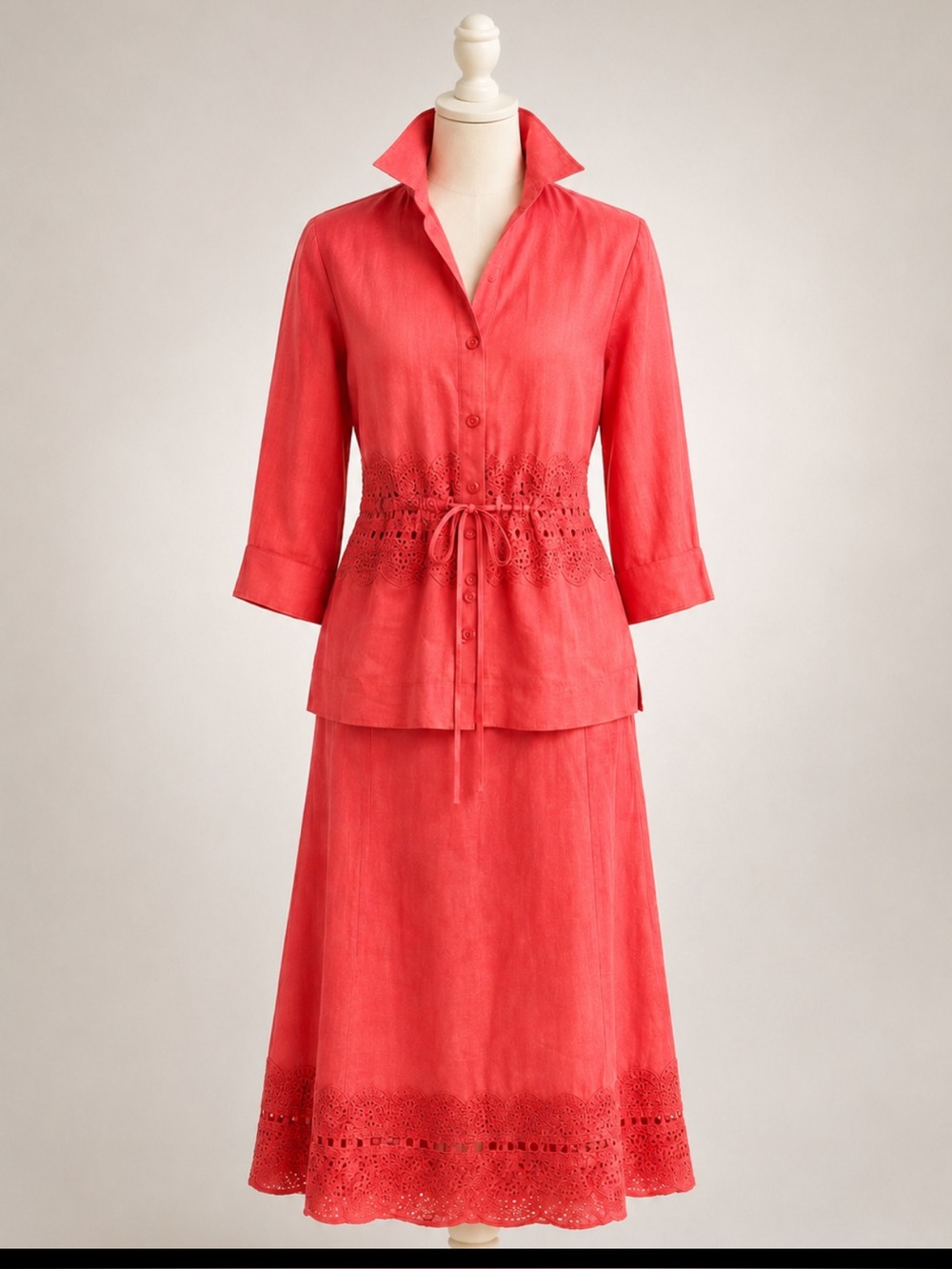 Lino USA NWT 100% Linen Coral Embroidered Blouse Skirt Set 2 Piece Size Medium